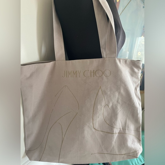Jimmy Choo Canvas & Gold Hardware Logo Tote Bag Natural - Picture 1 of 5